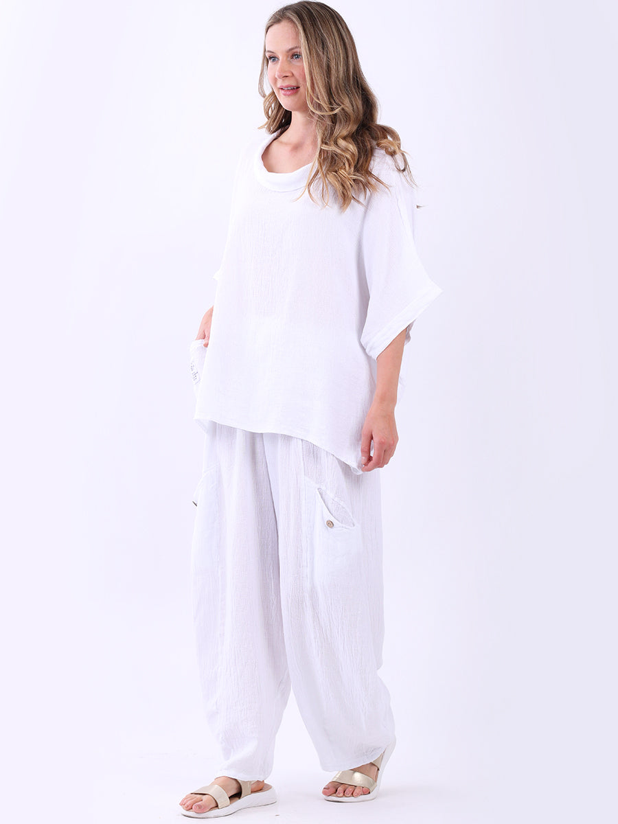 Yoko Vintage Linen Cowl Neck Top White